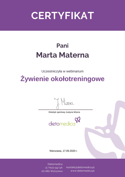 Certyfikat Żywienie Okołotreningowe
